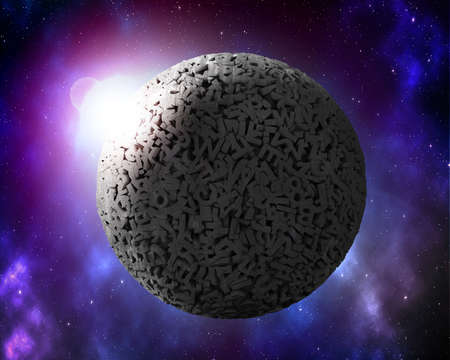 Big data concept. Huge amount 3d letters and numbers of globe in the space, purple night sky. 3D illustration.の写真素材