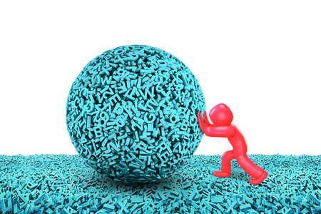 Big data concept. 3D man pushing huge amount 3d letters and numbers of blue ball on 3d characters floor, isolated on white background, 3D illustration.の写真素材