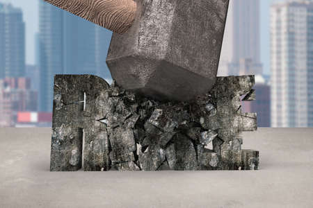 Sledgehammer hitting RULE 3d concrete word cracked on table with cityscape background. Concept of breaking convention and impossible, change and innovation.の写真素材