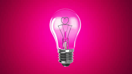 Lighting bulb lamp with heart shape isolated on pink background, 3D rendering, macro viewの写真素材