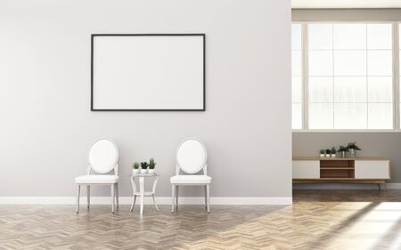 White room with chair and wooden cabinet. Comfort space in house. modern interior design. -3d renderingの写真素材