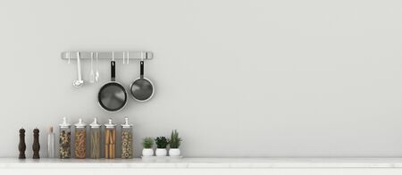 Modern interior of Kitchen. room with Kitchenware.Empty White room in condominium. 3d renderingの写真素材