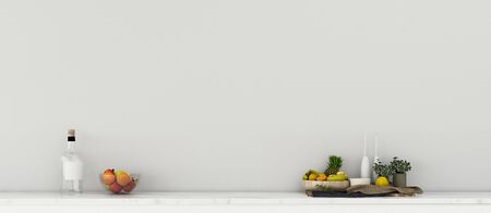 Common space in kitchen bar. Living room with table and fruit set.vintage interior design. -3d renderingの写真素材