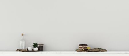 Modern interior of kitchen room with sweets and kitchenware. -3d renderingの写真素材