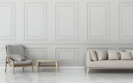 Living room with  white sofa and armchair.common space in hotel. vintage interior design. -3d...