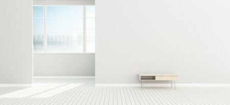 living room with wooden table. cozy space with background. scandinavian interior design. -3d renderingの写真素材