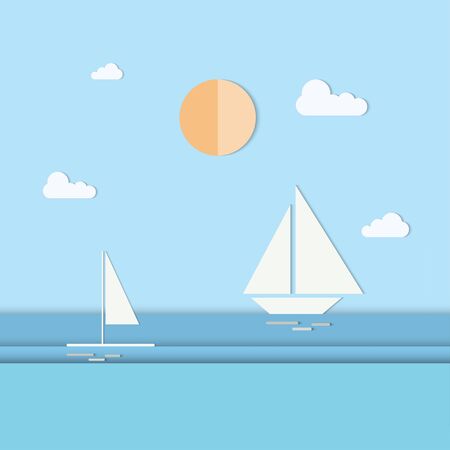 Seascape and Sailing ship. Cloudy sky with sun.White ship with reflection on blue horizontal background.  Vector illustrationのイラスト素材