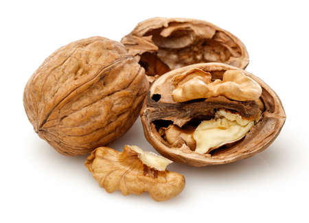 Peeled walnut and its kernels. Isolated on a white backgroundの写真素材