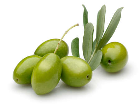 Green Olive with green leaves isolated on white background.の写真素材