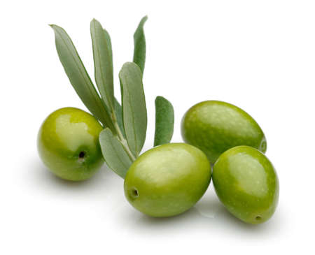 Green Olive with green leaves isolated on white background.の写真素材