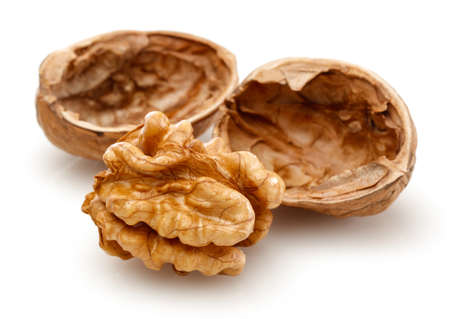 Peeled walnut and its kernels. Isolated on a white backgroundの写真素材