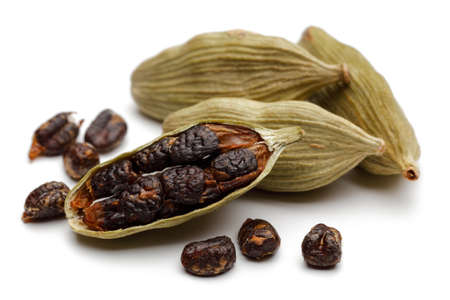 Green cardamom pods and seeds close up on white backgroundの写真素材