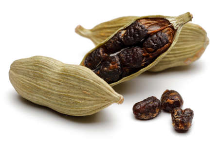 Green cardamom pods and seeds close up on white backgroundの写真素材