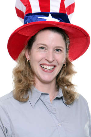 Closeup portrait of a patriotic woman isolated against a white background.の写真素材