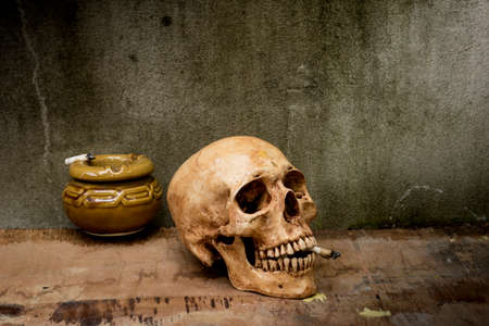 Still life with human skulls  Smoking on wooden backgroundの写真素材
