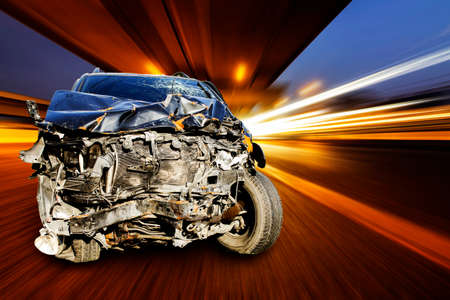 Car of accident make front windshield cracked and airbag explosion damaged at claim the insurance company. Double exposure car accident and road on cityscape.  Image blur focus  style.の写真素材