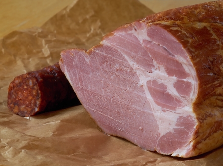 Close-up of smoked pork and sausage.