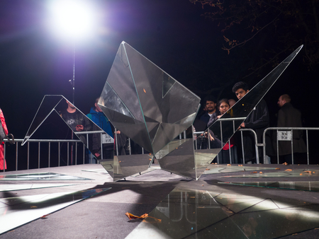 PRAGUE - OCTOBER 15, 2017: Installation Juxtaposition by Tets Ohnari on Kampa, within the Prague Light festival Signal 2017のeditorial素材