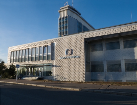 PRAGUE - JANUARY 30, 2018: Main building of Czech television on Kavci hills in Prague in winter sunny late afternoon.のeditorial素材