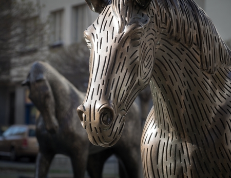 PRAGUE - MAY 3, 2017: Bronze sculptural group of horses from Michal Gabriel, mounted on a water cascade on the square between the streets of Kafka - Wuchterlova in Prague Dejvice.のeditorial素材