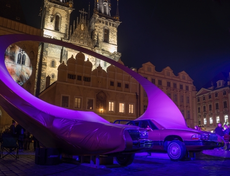 PRAGUE, CZECH REPUBLIC - OCTOBER 12, 2018: Installation Together, in parallel from Barbora Slapetova and Lukas Rittstein on Staromestske square during the SIGNAL festival 2018.のeditorial素材