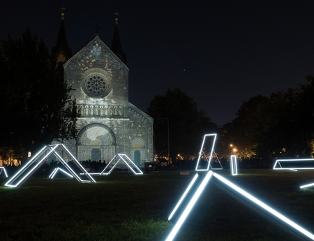 PRAGUE, CZECH REPUBLIC - OCTOBER 12, 2018: Videomapping Future ruins from Romain Tardy on the Church of St. Cyril and Methodius in Karlin on SIGNAL 2018 festival .のeditorial素材