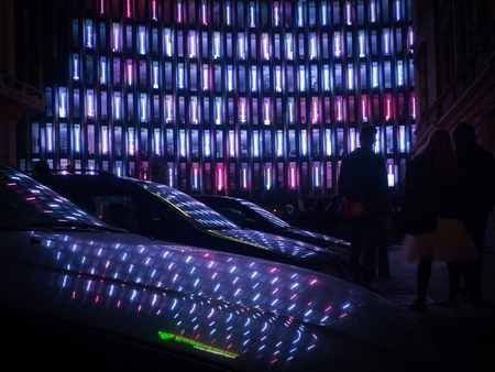 PRAGUE, CZECH REPUBLIC - OCTOBER 12, 2018: Installation Wave from Hyperbinary studio on the Main Point building in Karlin city district during the SIGNAL 2018 festival .のeditorial素材