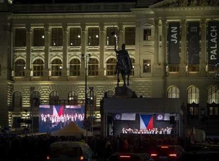 PRAGUE - JANUARY 16, 2019: Jan Palach and Jan Zajic Memorial in front of the National Museum in Prague on Jan Palach's anniversary of self-immolation.のeditorial素材