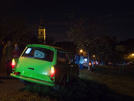 PRAGUE - OCTOBER 10, 2019: Installation Trabi by Signal Production & Post Bellum on Petrin Gardens, within the Prague Light festival Signal 2019.のeditorial素材