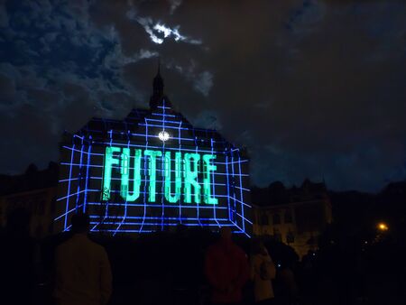 PRAGUE - OCTOBER 12, 2019: Videomapping Ottantanove - by ILLO on Lyckovo Square, within the Prague Light festival Signal 2019.のeditorial素材