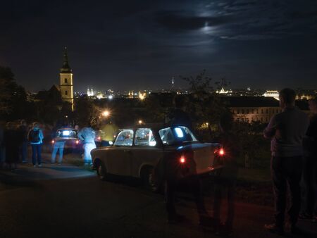 PRAGUE - OCTOBER 13, 2019: Installation Trabi by Signal Production & Post Bellum on Petrin Gardens, within the Prague Light festival Signal 2019.のeditorial素材