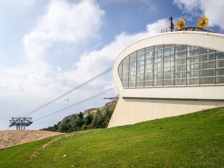 MALCESINE, ITALY â AUGUST 27  2019:  The building of upper station of cableway Malcesine - Monte baldo above Lake Garda in the Garda Mountains in the Eastern Alps.のeditorial素材