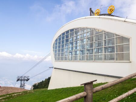 MALCESINE, ITALY â AUGUST 27  2019:  The building of upper station of cableway Malcesine - Monte baldo above Lake Garda in the Garda Mountains in the Eastern Alps.のeditorial素材