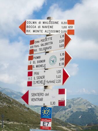 MALCESINE, ITALY â AUGUST 27  2019: Signpost of tourist routes on Monte Baldo above Lake Garda in the Garda Mountains in the Eastern Alps.のeditorial素材