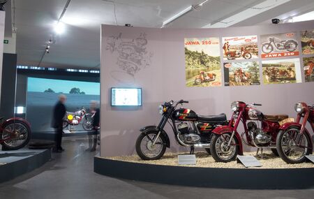PRAGUE - NOVEMBER 27, 2019: Jawa Phenomenon - exhibition organized by the National Technical Museum to mark the 90th anniversary of the founding of the brand.のeditorial素材