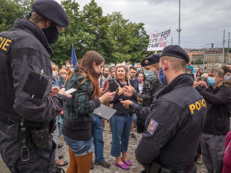 PRAGUE - JUNE 9, 2020:  Thousands of people were protesting on Palacky Square against the government of Andrei Babis.のeditorial素材