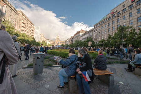 PRAGUE - MAY 20, 2021: Protest of five thousand on Wenceslas Square. People called for the prosecution of the president Zeman for treason and resignation of M. Benesova, Minister of Justice.のeditorial素材