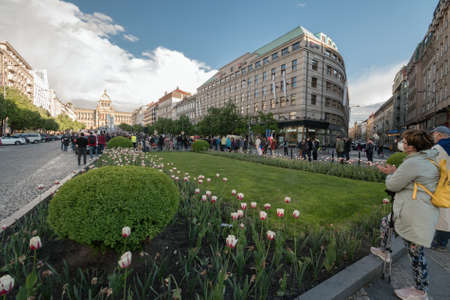 PRAGUE - MAY 20, 2021: Protest of five thousand on Wenceslas Square. People called for the prosecution of the president Zeman for treason and resignation of M. Benesova, Minister of Justice.のeditorial素材