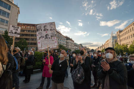 PRAGUE - MAY 20, 2021: Protest of five thousand on Wenceslas Square. People called for the prosecution of the president Zeman for treason and resignation of M. Benesova, Minister of Justice.のeditorial素材