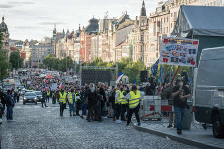 PRAGUE - MAY 20, 2021: Protest of five thousand on Wenceslas Square. People called for the prosecution of the president Zeman for treason and resignation of M. Benesova, Minister of Justice.のeditorial素材