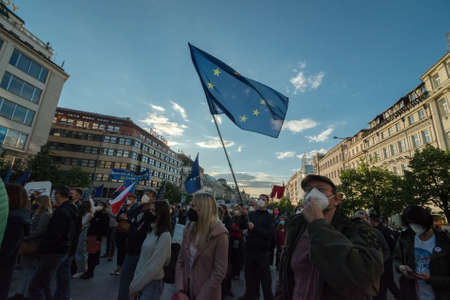 PRAGUE - MAY 20, 2021: Protest of five thousand on Wenceslas Square. People called for the prosecution of the president Zeman for treason and resignation of M. Benesova, Minister of Justice.のeditorial素材