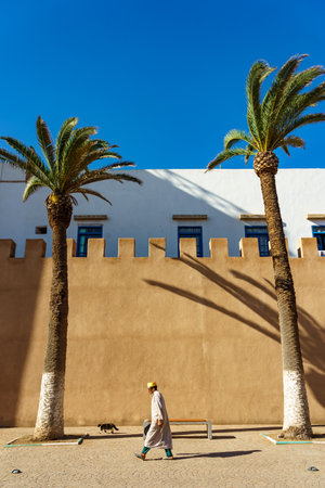 Morocco. Essaouira. A man walking in front of the rampartsのeditorial素材
