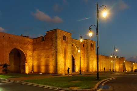 Morocco. Rabat. The wall of the Kasbah of the Udayas by night initially built in the 12th century to overlook the mouth of the Bou Regreg, the river of Rabat.のeditorial素材
