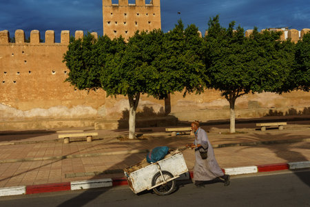 North Africa. Morocco. Taroudant. A man pushing a cart in front of the city wallsのeditorial素材
