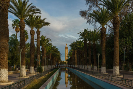 North Africa. Morocco. Taroudant. Irrigation canals (seguias), lined with palm trees, in the background the minaret of the mosqueのeditorial素材
