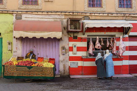 North Africa. Morocco. Taroudant. A butcher's shop and fruit sellerのeditorial素材