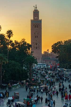 North Africa. Morocco. Marrakesh. Night activity on Jemaa el Fna Square at sunsetのeditorial素材
