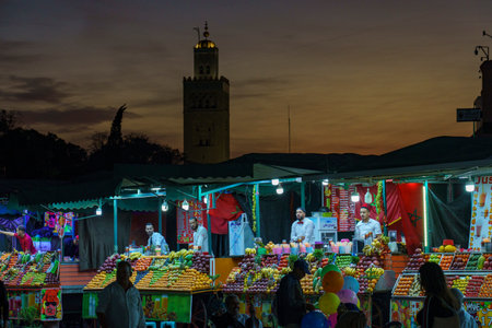 North Africa. Morocco. Marrakesh. A fruit juice seller's stall at Jemaa el Fna at nightのeditorial素材