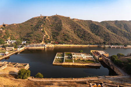India. Rajasthan. Jaipur. Amber strong. Maota Lake and Saffron Garden seen from Amber Fort