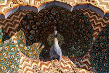 India. Rajasthan. Jaipur. City Palace. Architecture detail of the Peacock Gate decorated with...